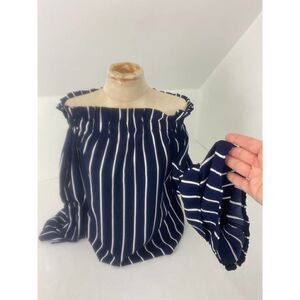 Off Shoulder Blue White Striped Blouse with Bell Sleeves - Approx. Size 2